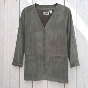 Vintage QPS Quality Price Style Suede Leather Jacket Womens M Gray Minimalist